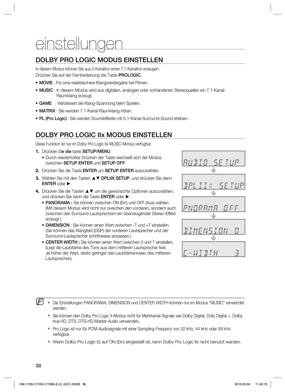 Samsung HW-C700/XEN, HW-C770S/XEN, HW-C700B/XEN manual Dolby PRO Logic Modus Einstellen, Dolby PRO Logic IIx Modus Einstellen 