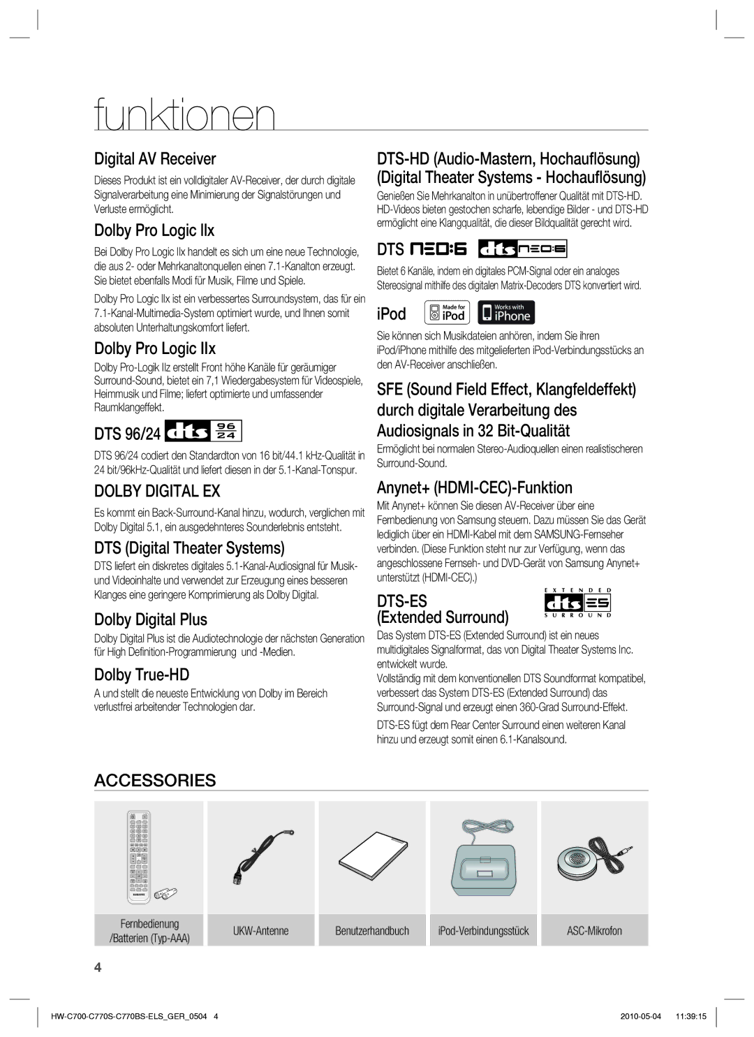 Samsung HW-C770S/XEN, HW-C700B/XEN, HW-C700/XEN, HW-C700/EDC manual Funktionen, Dolby Digital EX, Accessories, Dts-Es 