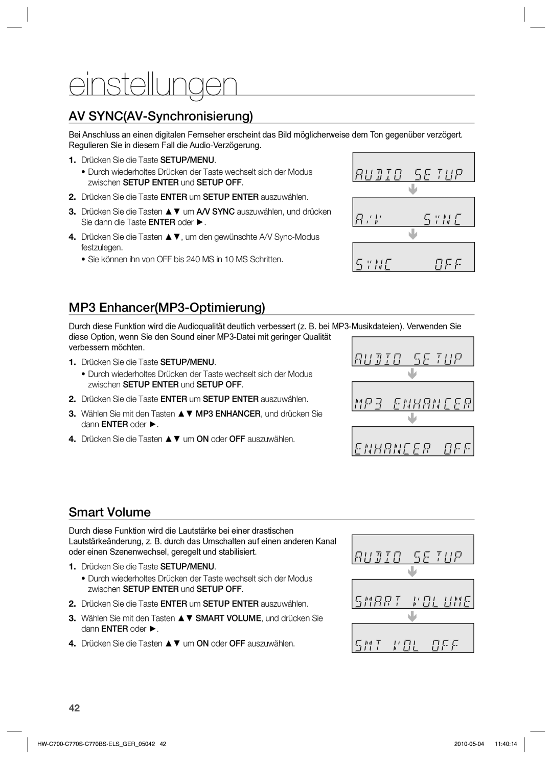 Samsung HW-C700/XEN, HW-C770S/XEN, HW-C700B/XEN manual AV SYNCAV-Synchronisierung, MP3 EnhancerMP3-Optimierung, Smart Volume 