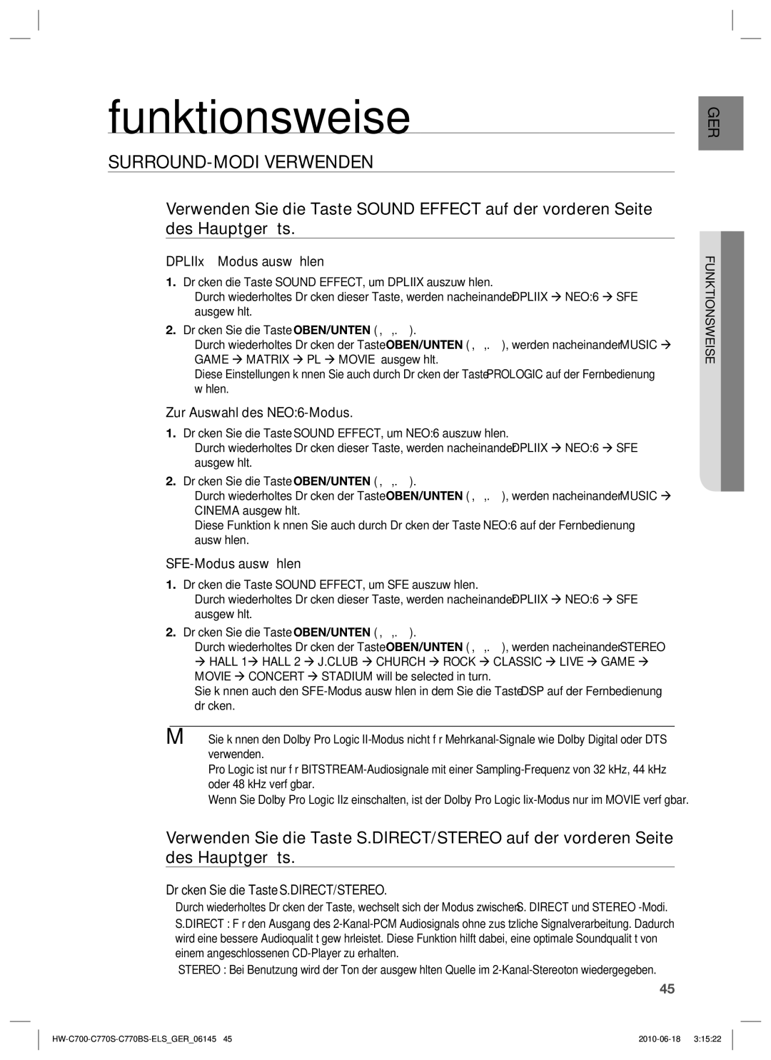 Samsung HW-C700B/XEN, HW-C770S/XEN, HW-C700/XEN, HW-C700/EDC manual Funktionsweise, SURROUND-MODI Verwenden 