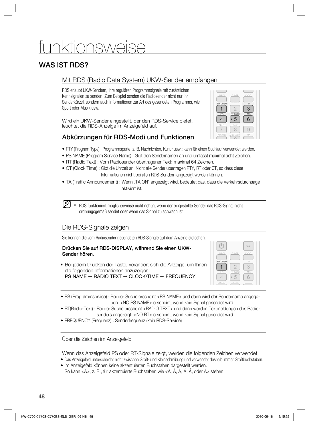 Samsung HW-C770S/XEN Was Ist Rds?, Mit RDS Radio Data System UKW-Sender empfangen, Abkürzungen für RDS-Modi und Funktionen 