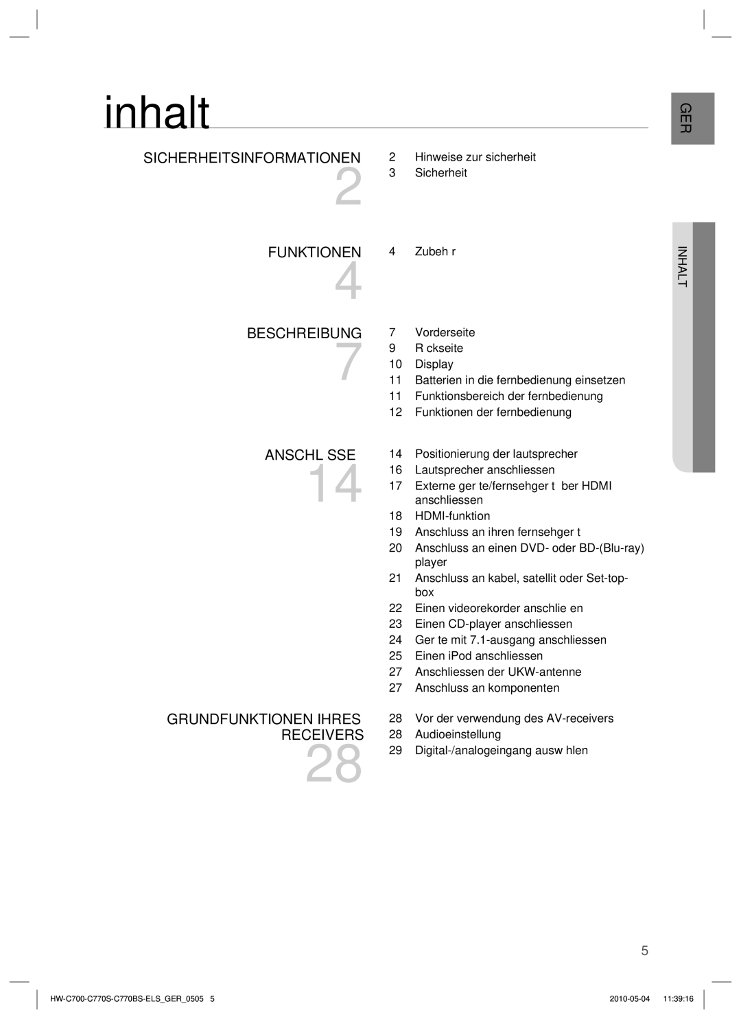 Samsung HW-C700B/XEN, HW-C770S/XEN, HW-C700/XEN, HW-C700/EDC manual Inhalt 