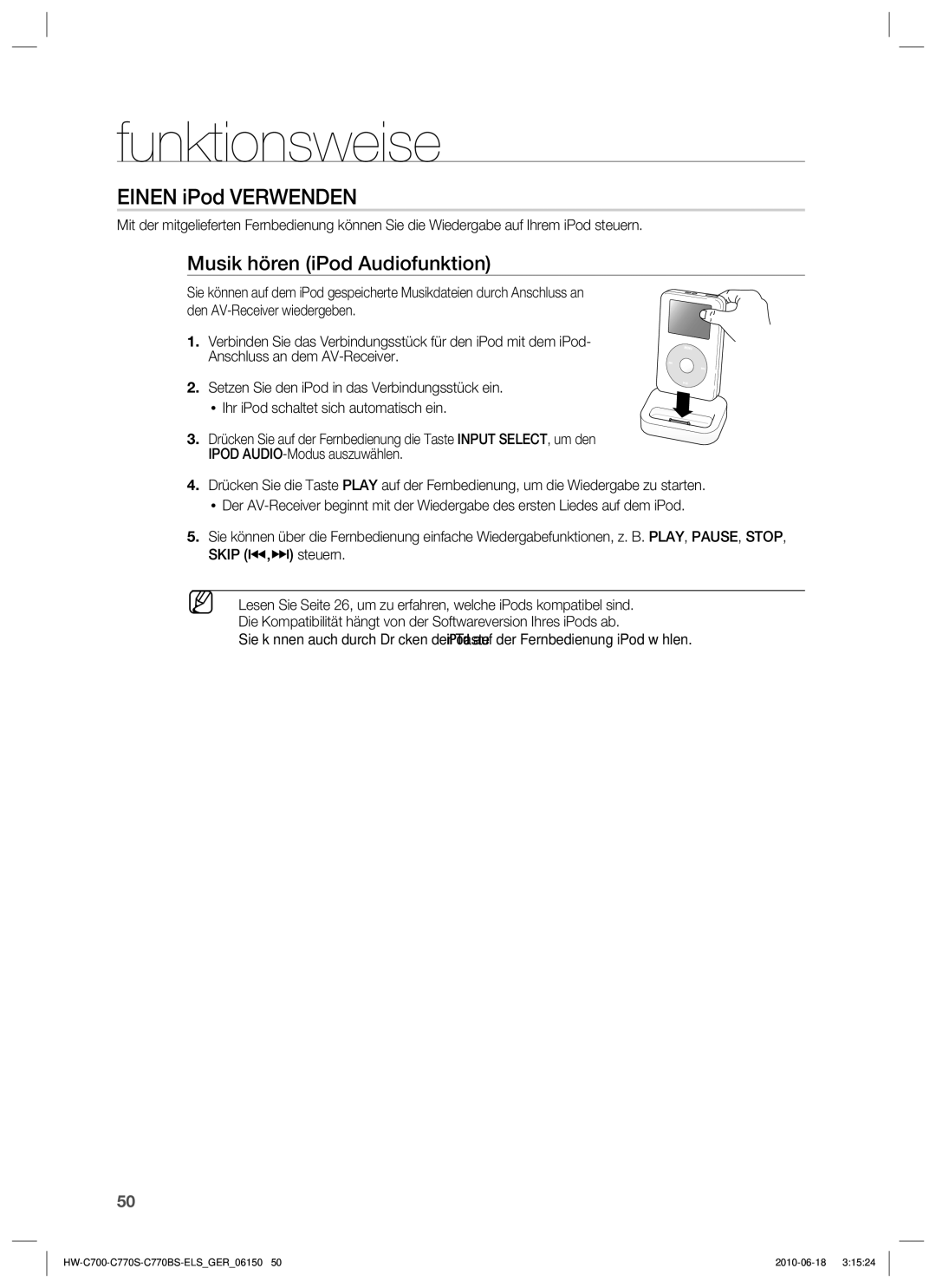 Samsung HW-C700/XEN, HW-C770S/XEN, HW-C700B/XEN, HW-C700/EDC manual Einen iPod Verwenden, Musik hören iPod Audiofunktion 