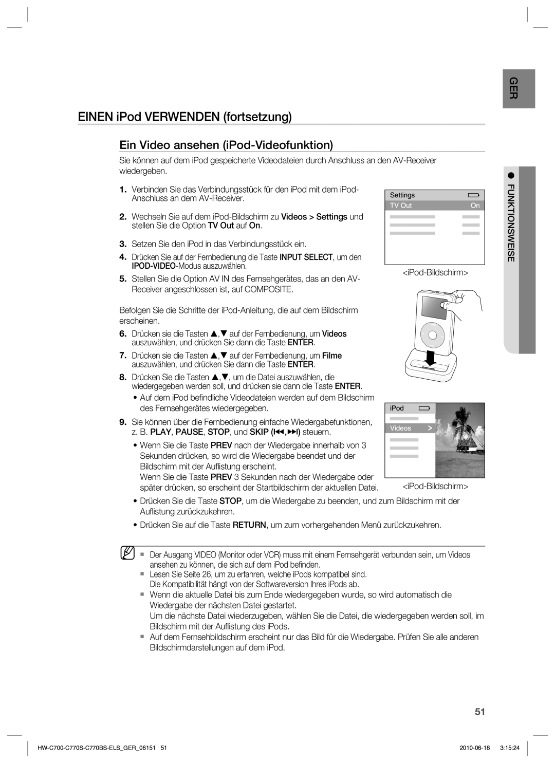 Samsung HW-C700/EDC, HW-C770S/XEN, HW-C700B/XEN manual Einen iPod Verwenden fortsetzung, Ein Video ansehen iPod-Videofunktion 