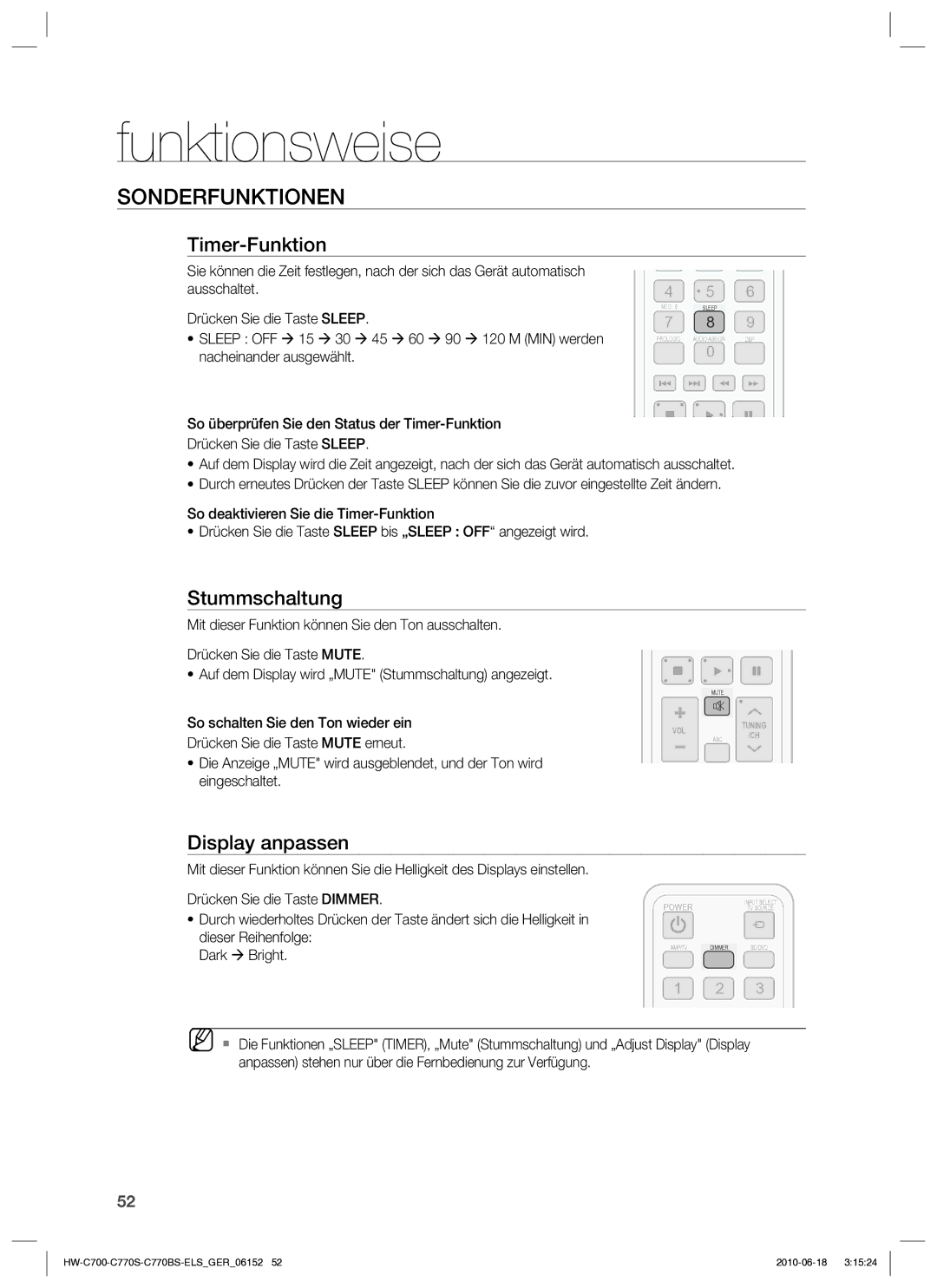 Samsung HW-C770S/XEN, HW-C700B/XEN, HW-C700/XEN manual Sonderfunktionen, Timer-Funktion, Stummschaltung, Display anpassen 