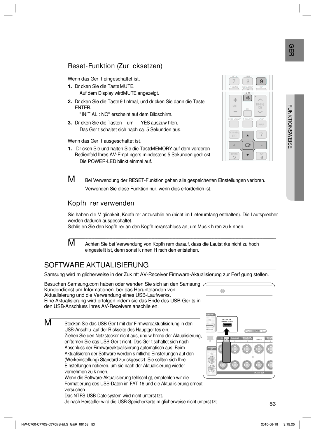 Samsung HW-C700B/XEN, HW-C770S/XEN manual Software Aktualisierung, Reset-Funktion Zurücksetzen, Kopfhörer verwenden, Enter 