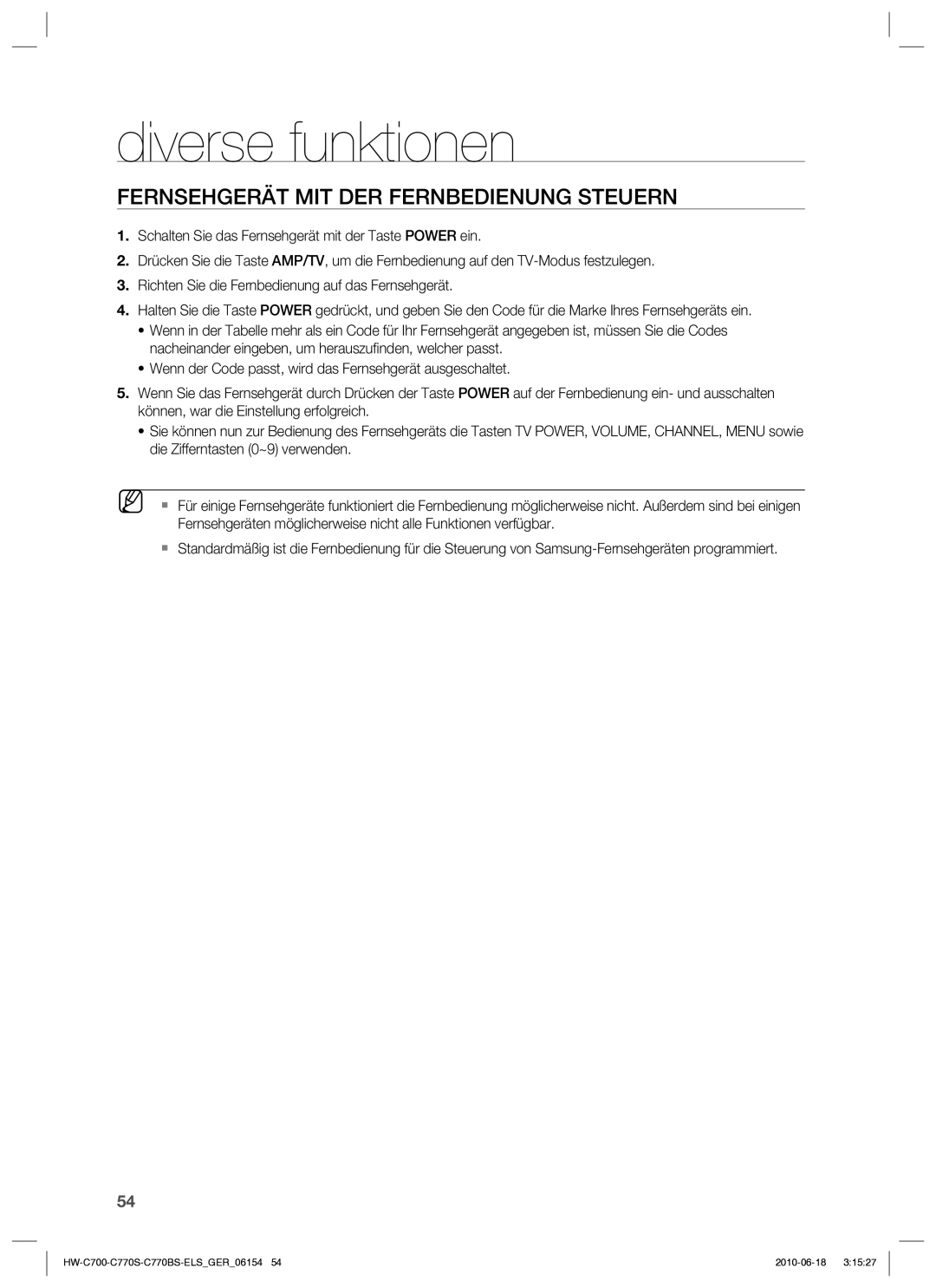 Samsung HW-C700/XEN, HW-C770S/XEN, HW-C700B/XEN, HW-C700/EDC Diverse funktionen, Fernsehgerät MIT DER Fernbedienung Steuern 