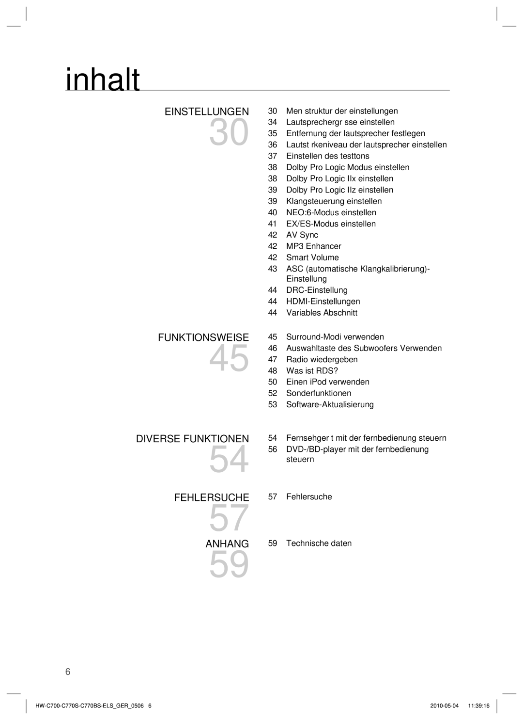 Samsung HW-C700/XEN Menüstruktur der einstellungen, Lautsprechergrösse einstellen, Entfernung der lautsprecher festlegen 