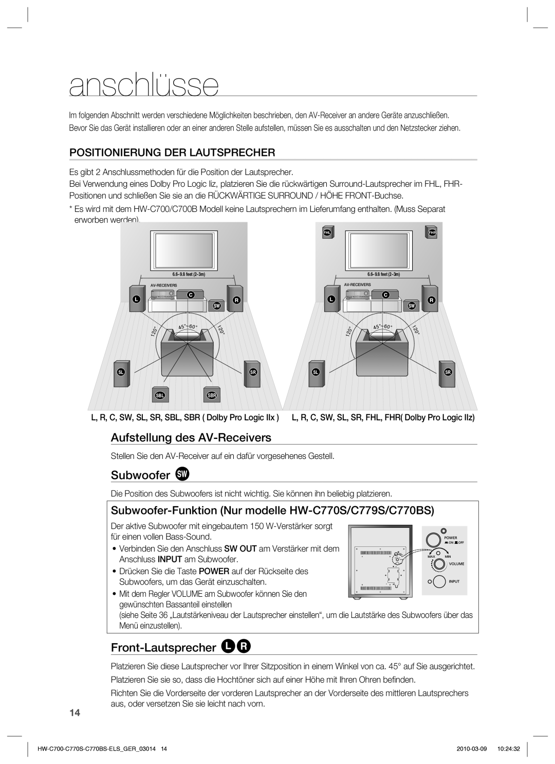 Samsung HW-C779S/XEG manual Anschlüsse, Aufstellung des AV-Receivers, Subwoofer, Front-Lautsprecher 