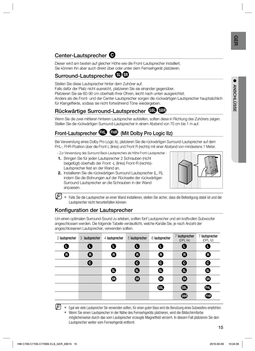 Samsung HW-C779S/XEG Center-Lautsprecher, Rückwärtige Surround-Lautsprecher SBL SBR, Konﬁguration der Lautsprecher 