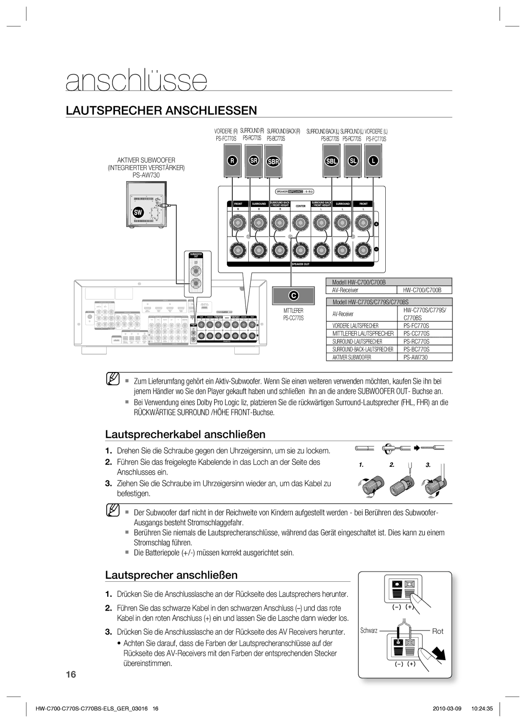 Samsung HW-C779S/XEG Lautsprecher Anschliessen, Lautsprecherkabel anschließen, Lautsprecher anschließen, Übereinstimmen 