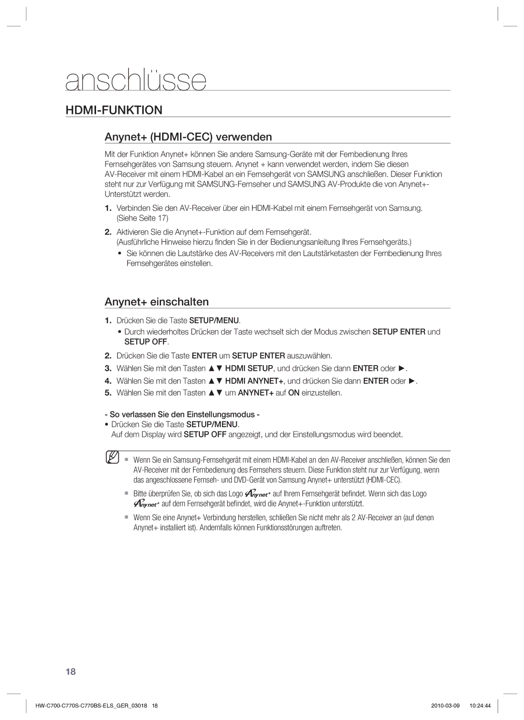 Samsung HW-C779S/XEG manual Hdmi-Funktion, Anynet+ HDMI-CEC verwenden, Anynet+ einschalten, Setup OFF 