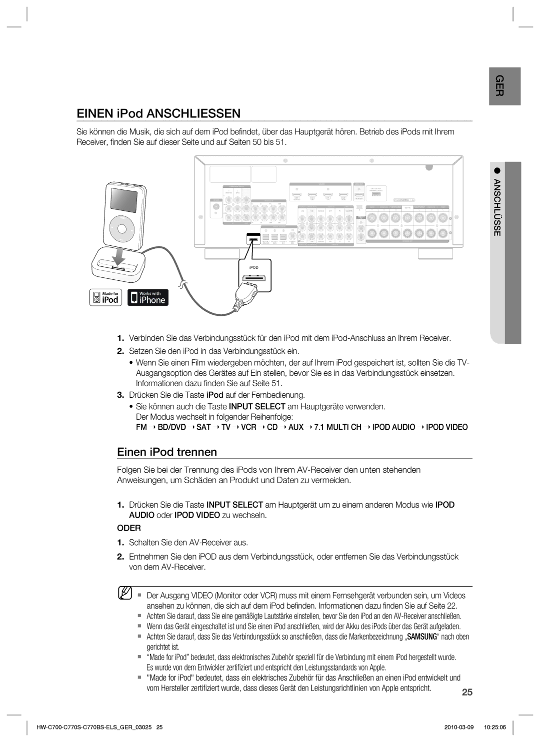 Samsung HW-C779S/XEG manual Einen iPod Anschliessen, Einen iPod trennen, Oder 