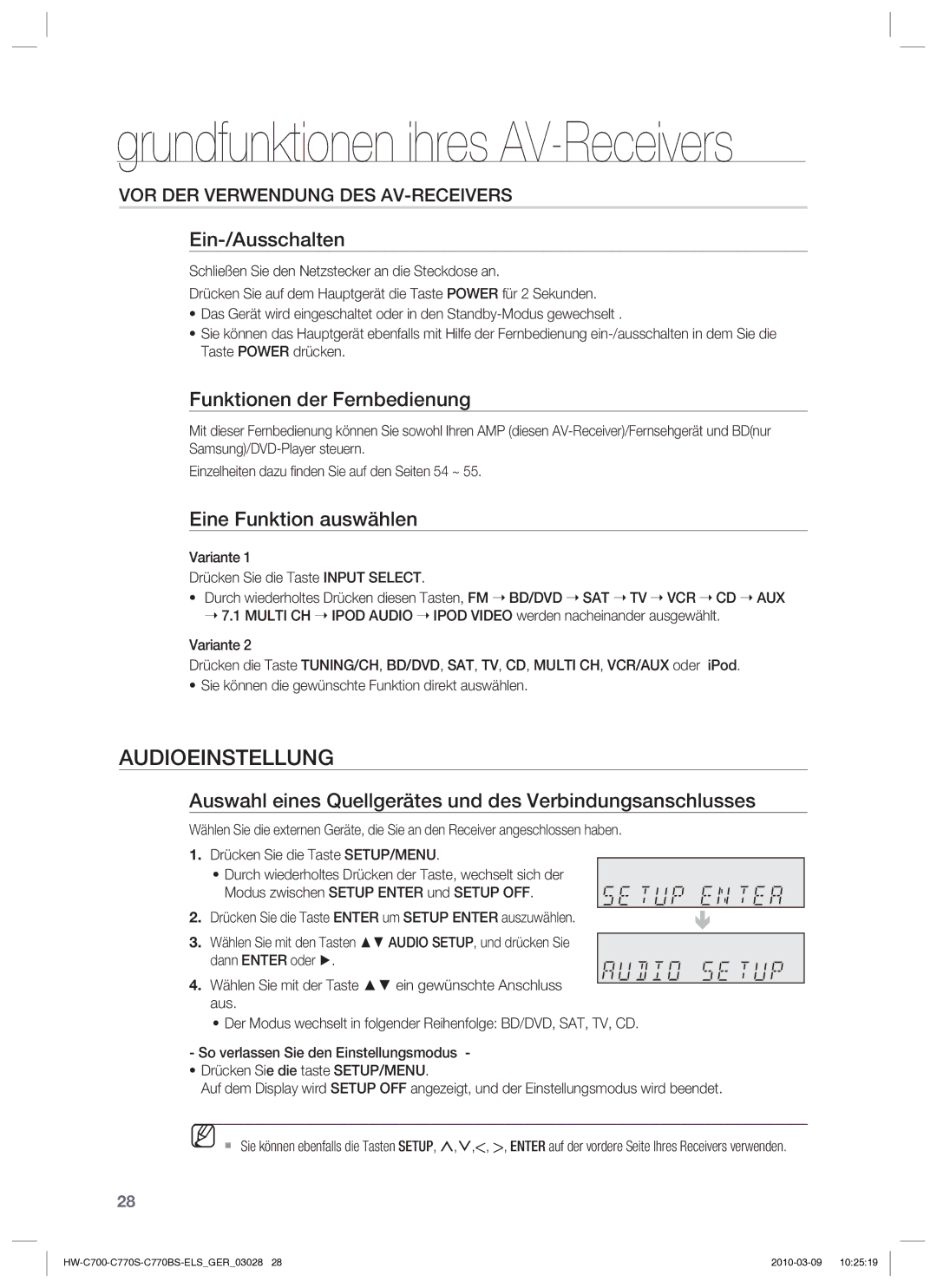 Samsung HW-C779S/XEG manual Audioeinstellung, Ein-/Ausschalten, Funktionen der Fernbedienung, Eine Funktion auswählen 