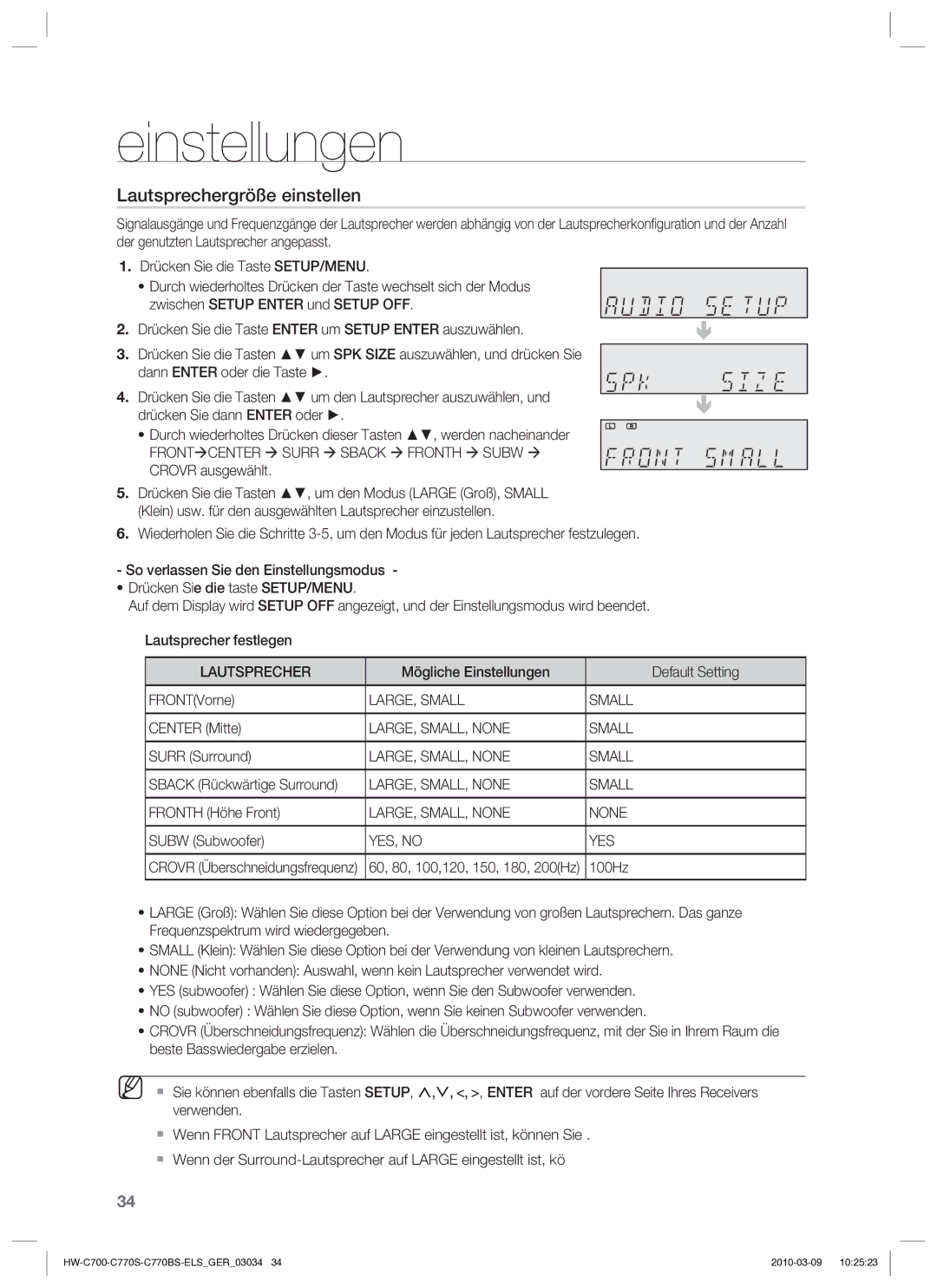 Samsung HW-C779S/XEG manual Frontæcenter Æ Surr Æ Sback Æ Fronth Æ Subw Æ, LARGE, Small, LARGE, SMALL, None Small, YES, no 