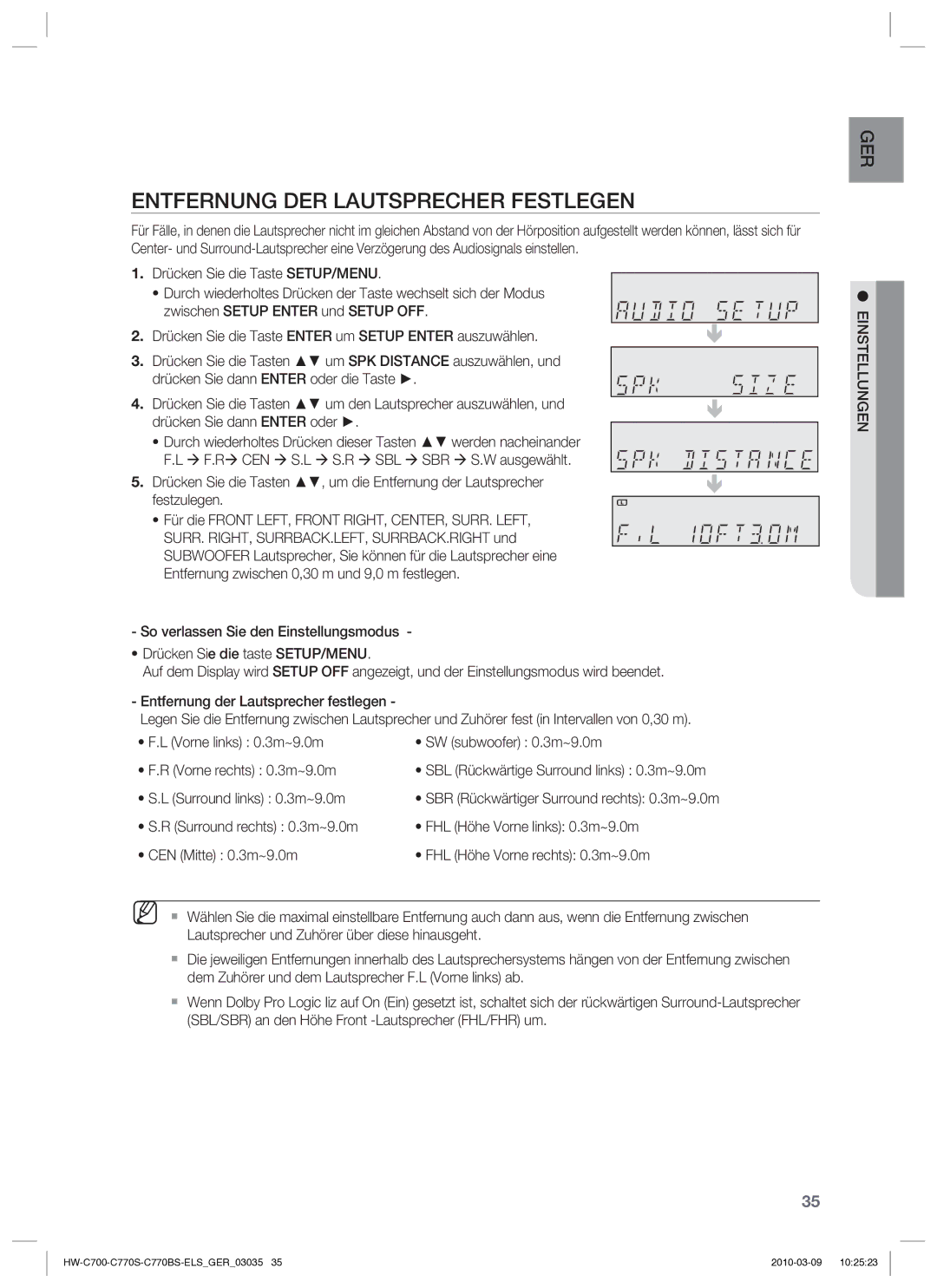 Samsung HW-C779S/XEG manual Entfernung DER Lautsprecher Festlegen, Surround links 0.3m~9.0m 