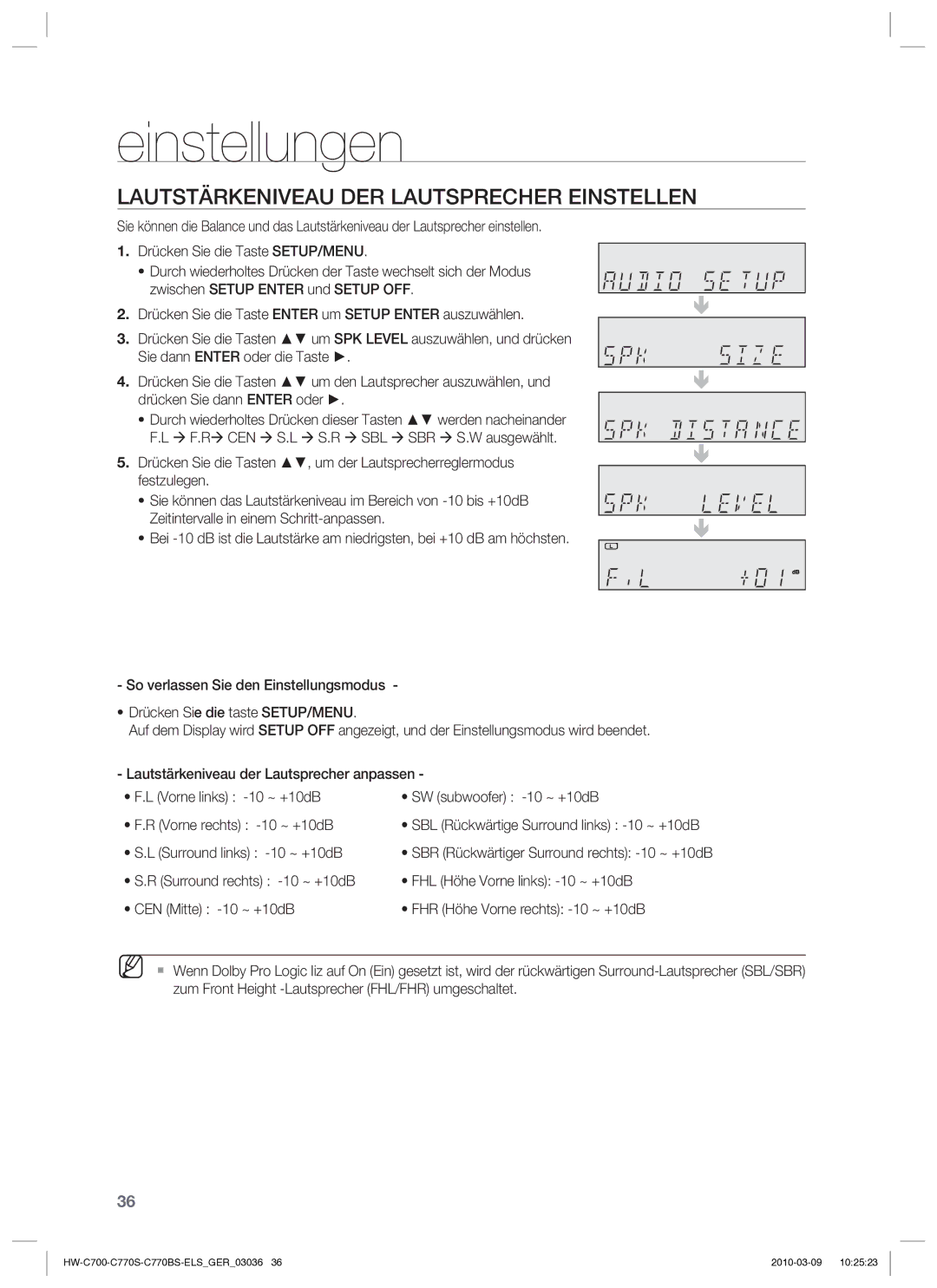 Samsung HW-C779S/XEG manual Lautstärkeniveau DER Lautsprecher Einstellen, Surround links -10 ~ +10dB 