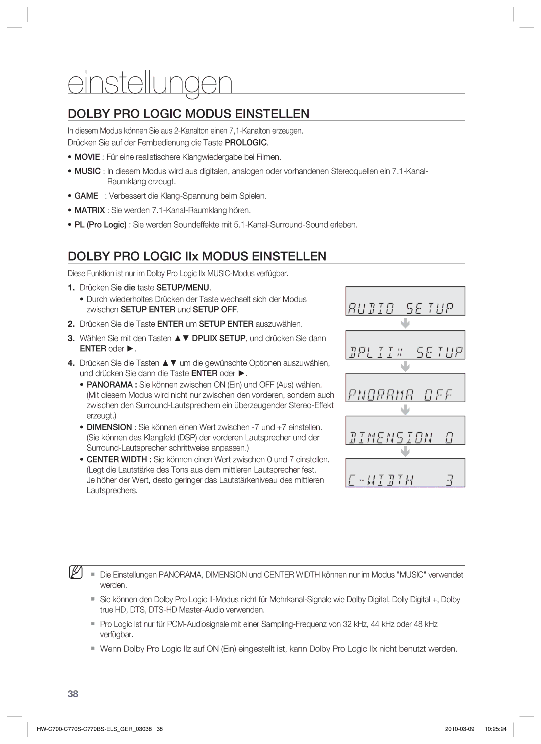 Samsung HW-C779S/XEG manual Dolby PRO Logic Modus Einstellen, Dolby PRO Logic IIx Modus Einstellen 