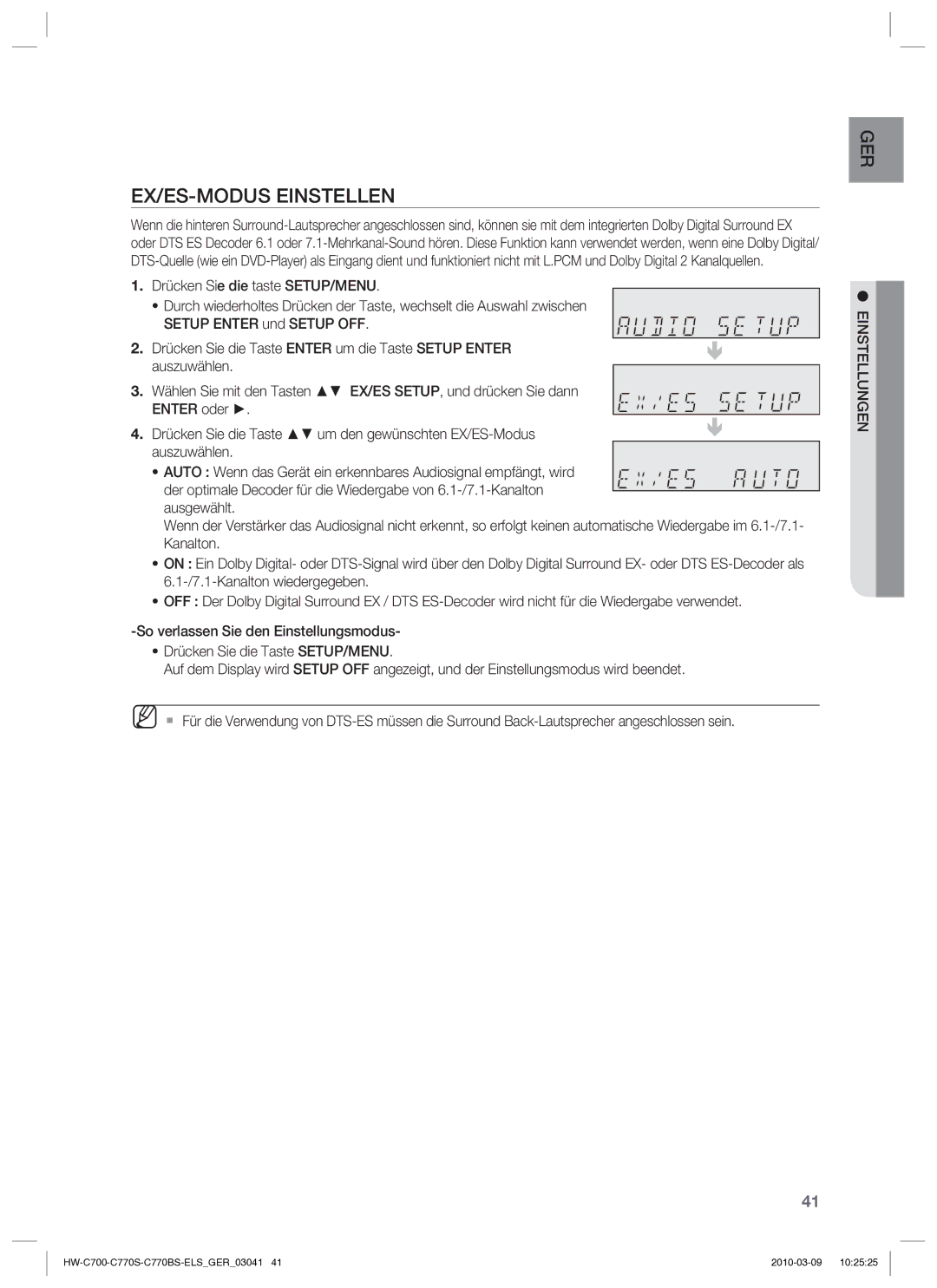 Samsung HW-C779S/XEG manual EX/ES-MODUS Einstellen 