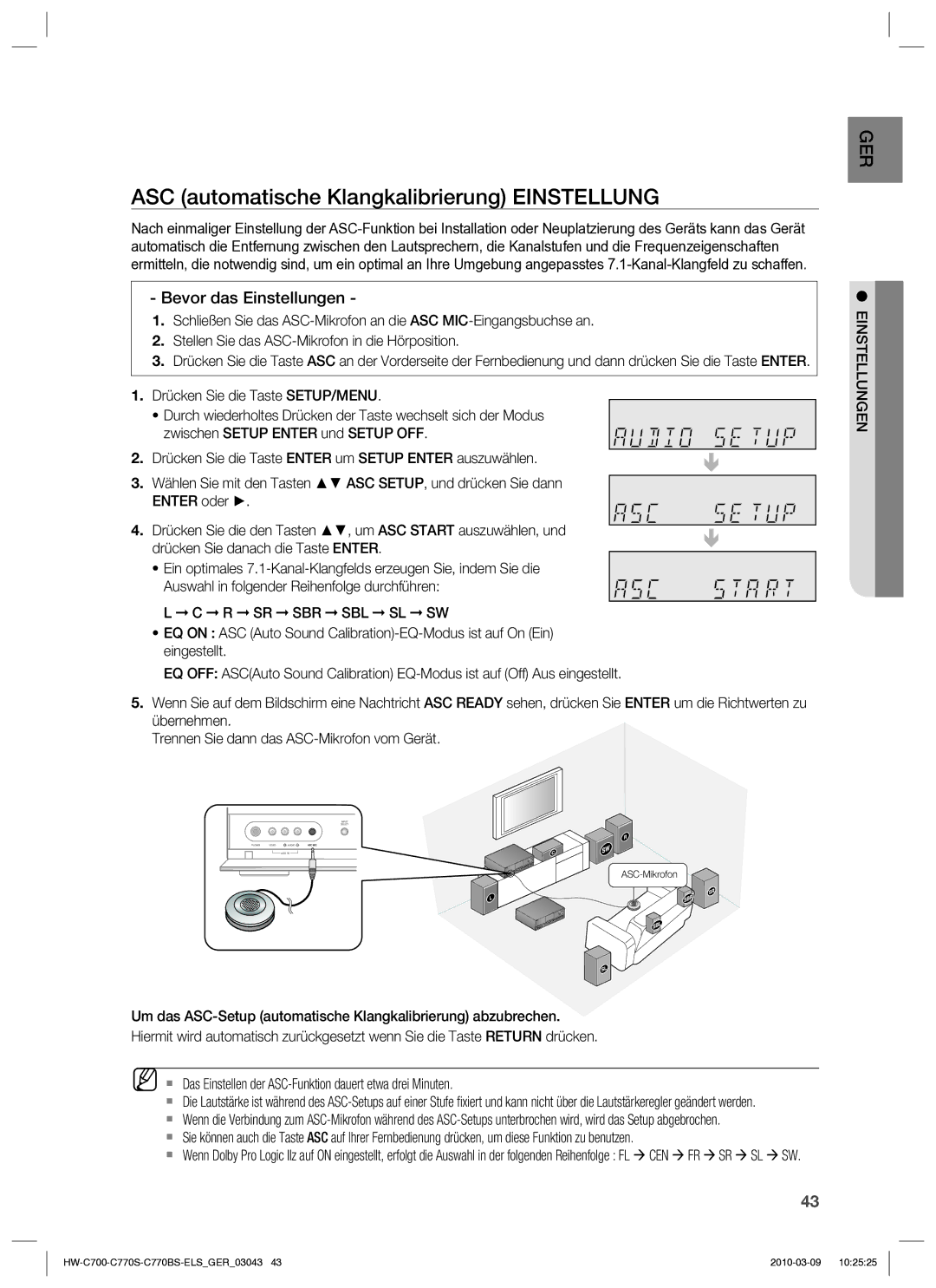 Samsung HW-C779S/XEG manual ASC automatische Klangkalibrierung Einstellung, Drücken Sie danach die Taste Enter 