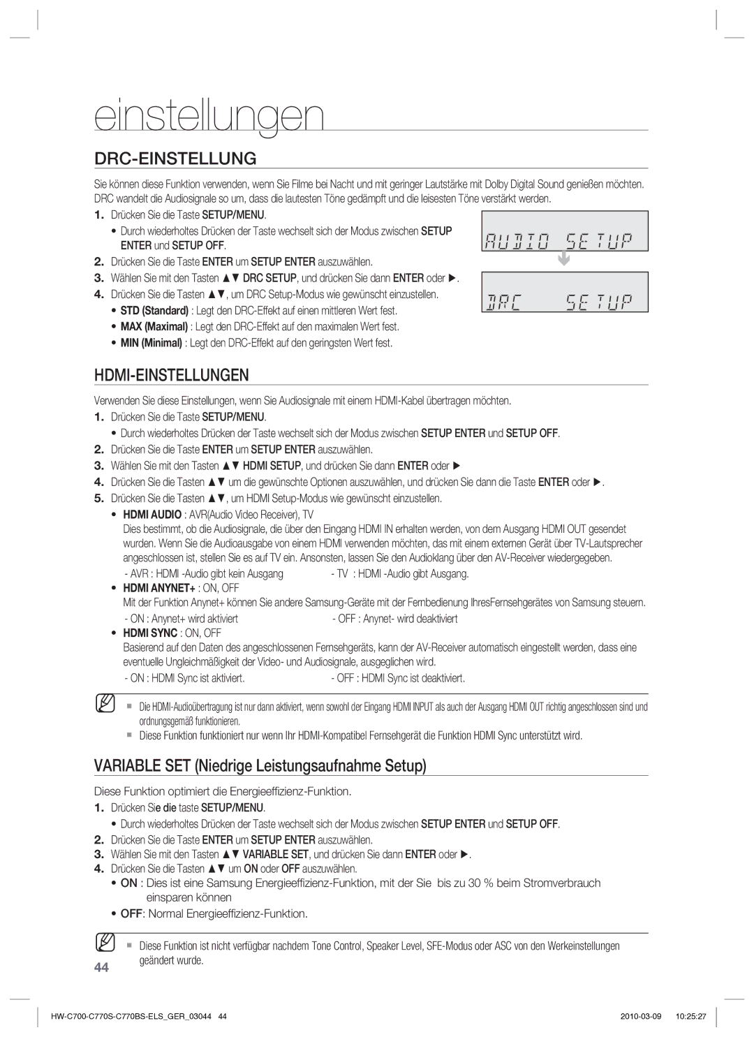 Samsung HW-C779S/XEG manual Drc-Einstellung, Hdmi-Einstellungen, Variable SET Niedrige Leistungsaufnahme Setup 