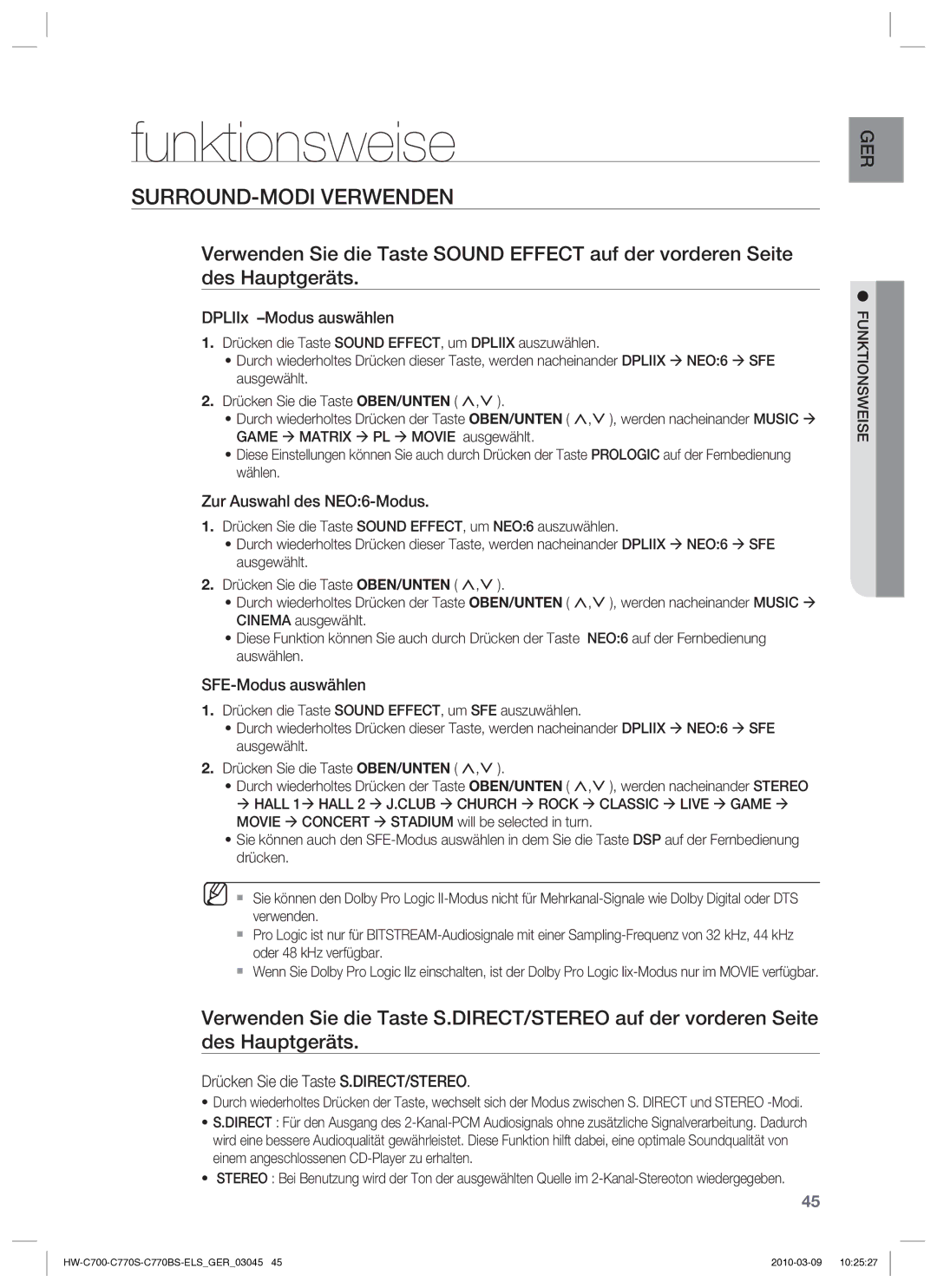 Samsung HW-C779S/XEG manual Funktionsweise, SURROUND-MODI Verwenden 