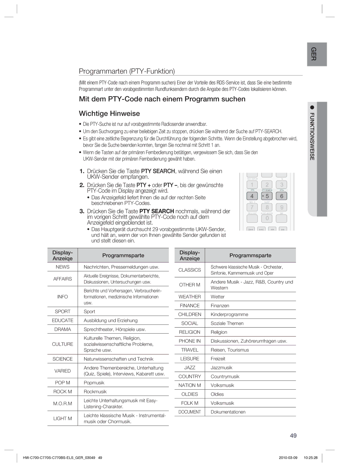 Samsung HW-C779S/XEG manual Programmarten PTY-Funktion, Display Programmsparte Anzeiqe 