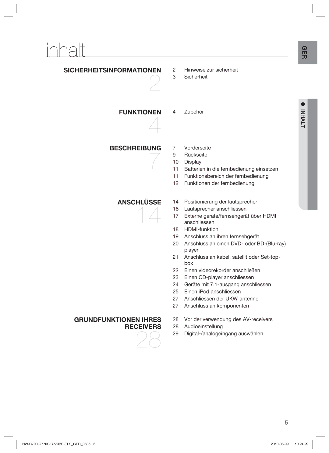 Samsung HW-C779S/XEG manual Inhalt 