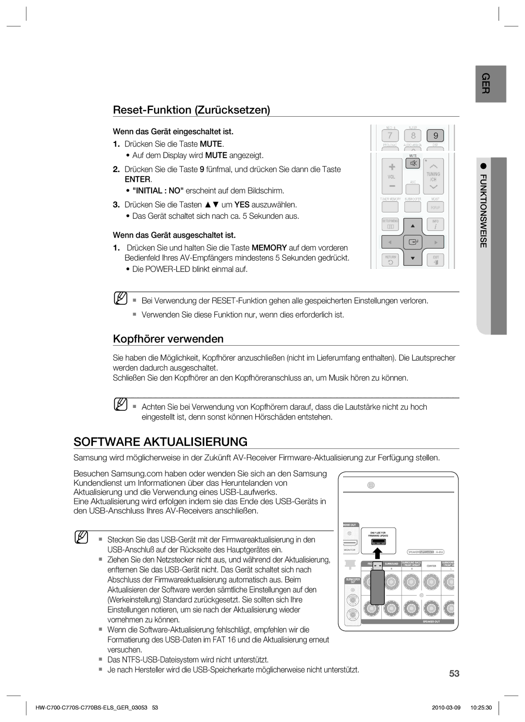 Samsung HW-C779S/XEG manual Software Aktualisierung, Reset-Funktion Zurücksetzen, Kopfhörer verwenden, Enter 