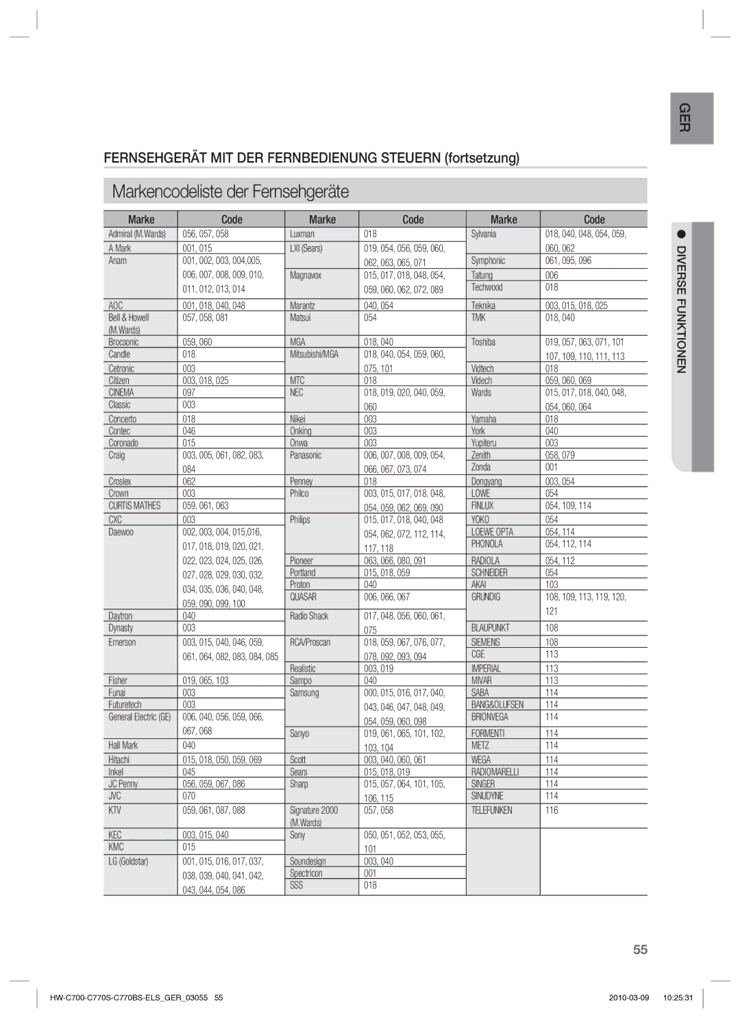 Samsung HW-C779S/XEG manual Marke Code, Diverse Funktionen 