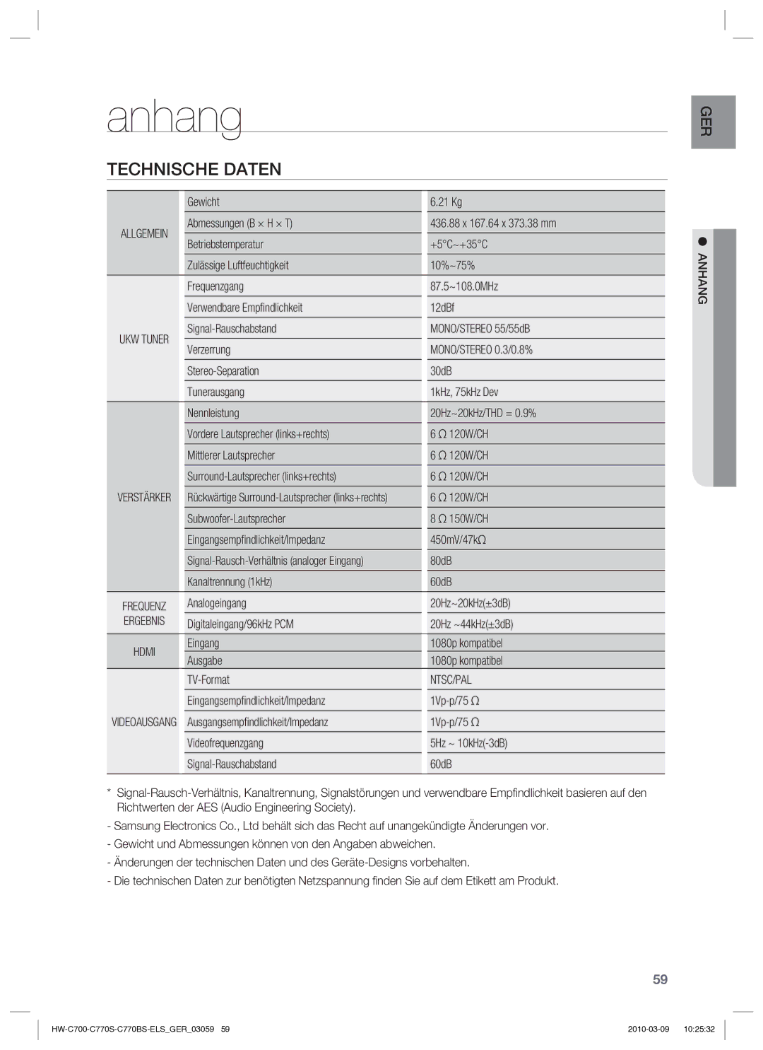 Samsung HW-C779S/XEG manual Anhang, Technische Daten, Ntsc/Pal 