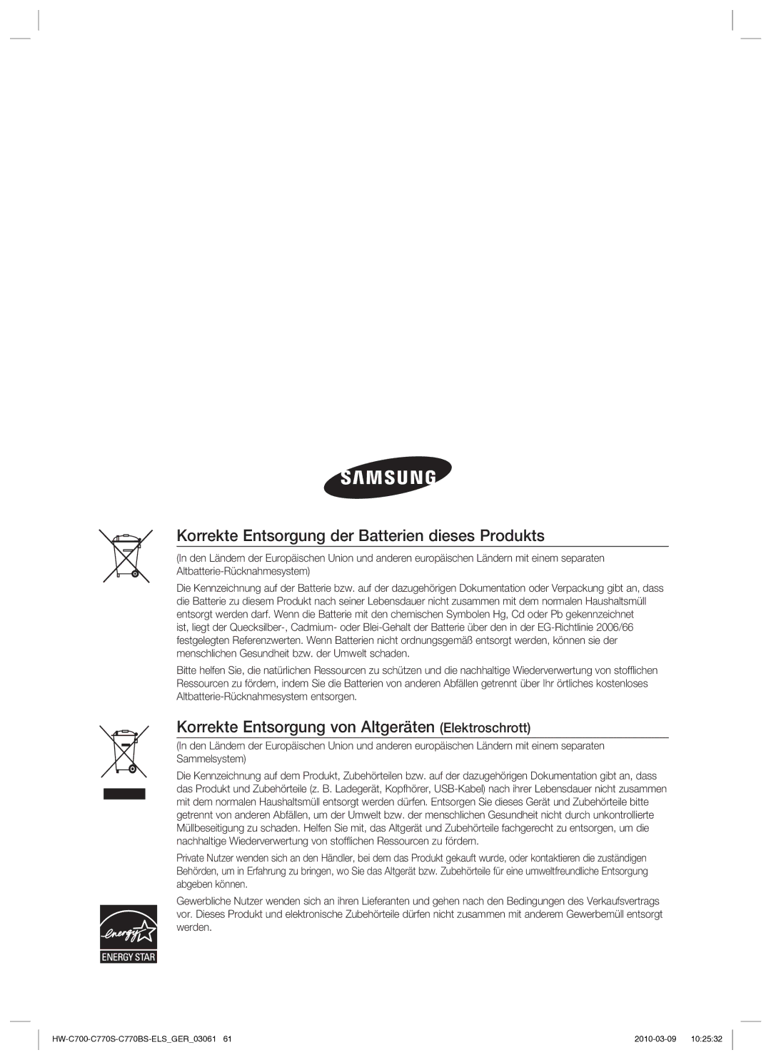 Samsung HW-C779S/XEG Korrekte Entsorgung der Batterien dieses Produkts, Korrekte Entsorgung von Altgeräten Elektroschrott 