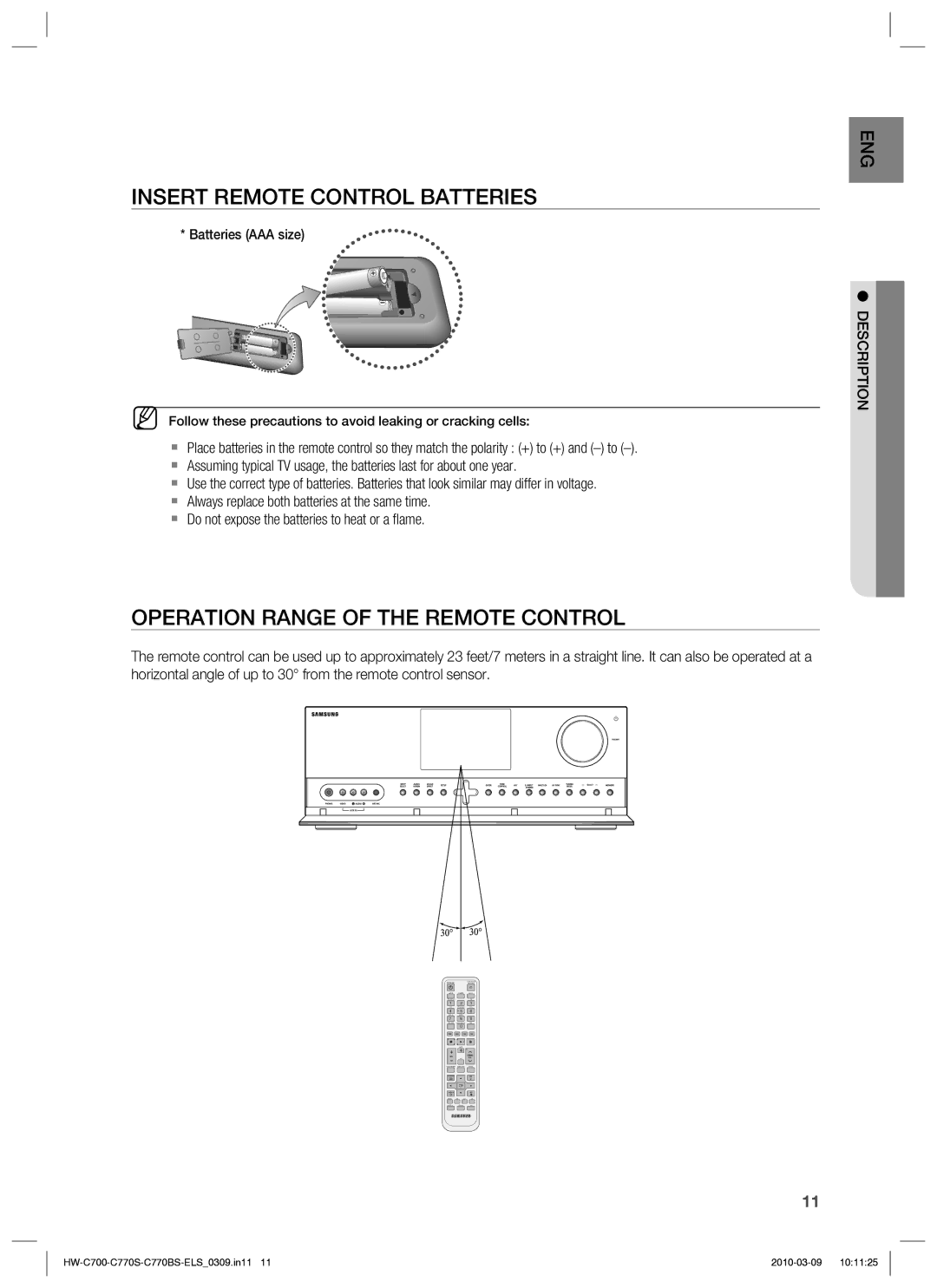 Samsung HW-C779S/XEG manual Insert Remote Control Batteries, Operation Range of the Remote Control, Description 