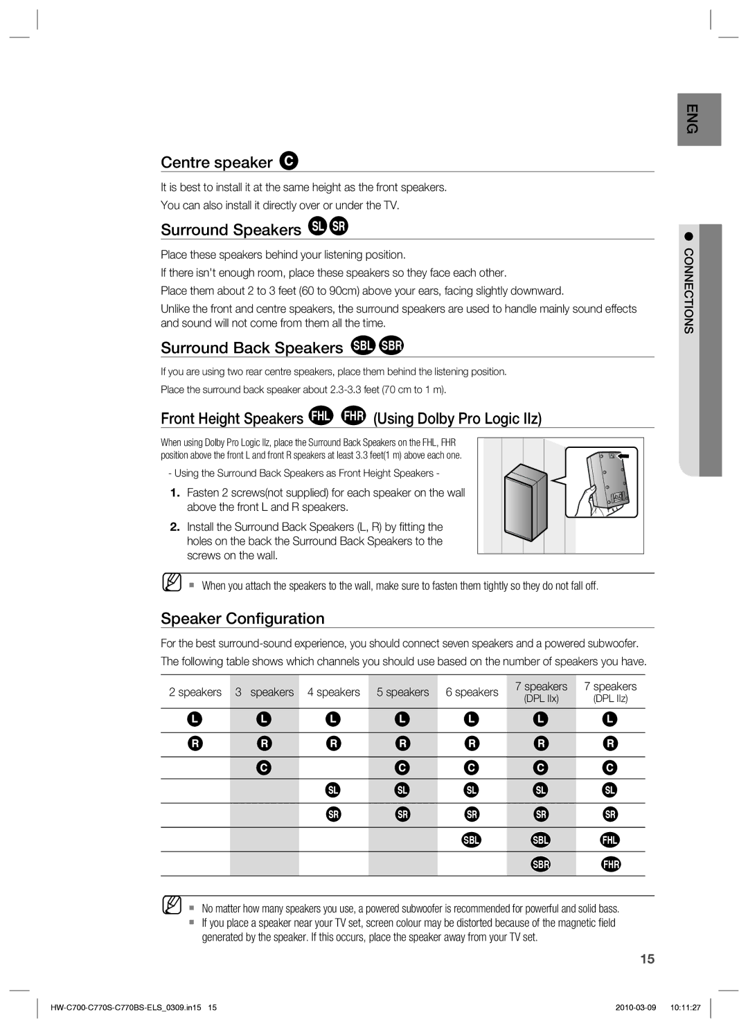 Samsung HW-C779S/XEG manual Centre speaker, Surround Speakers, Surround Back Speakers SBL SBR, Speaker Conﬁguration 