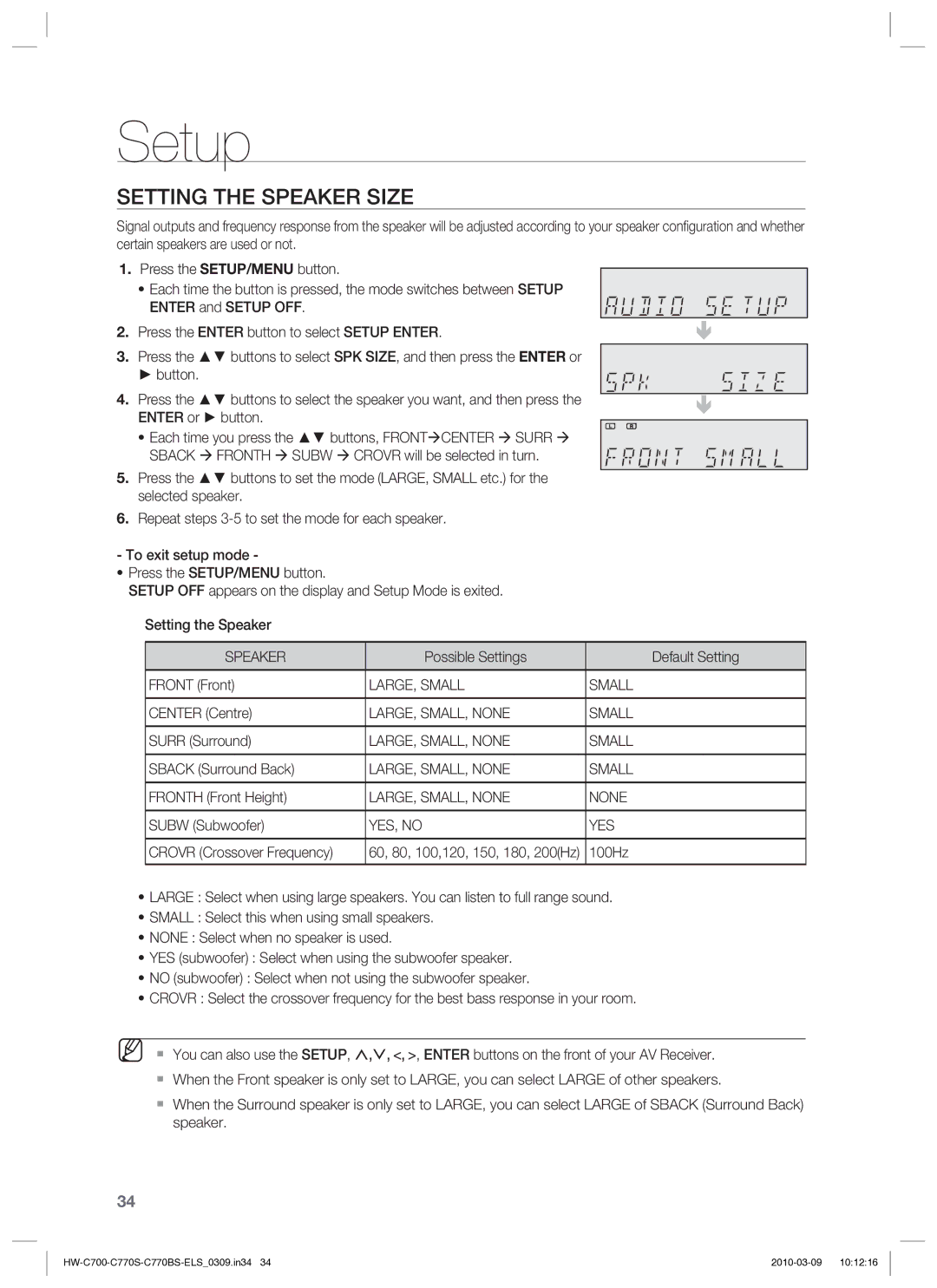 Samsung HW-C779S/XEG manual Setting the Speaker Size 