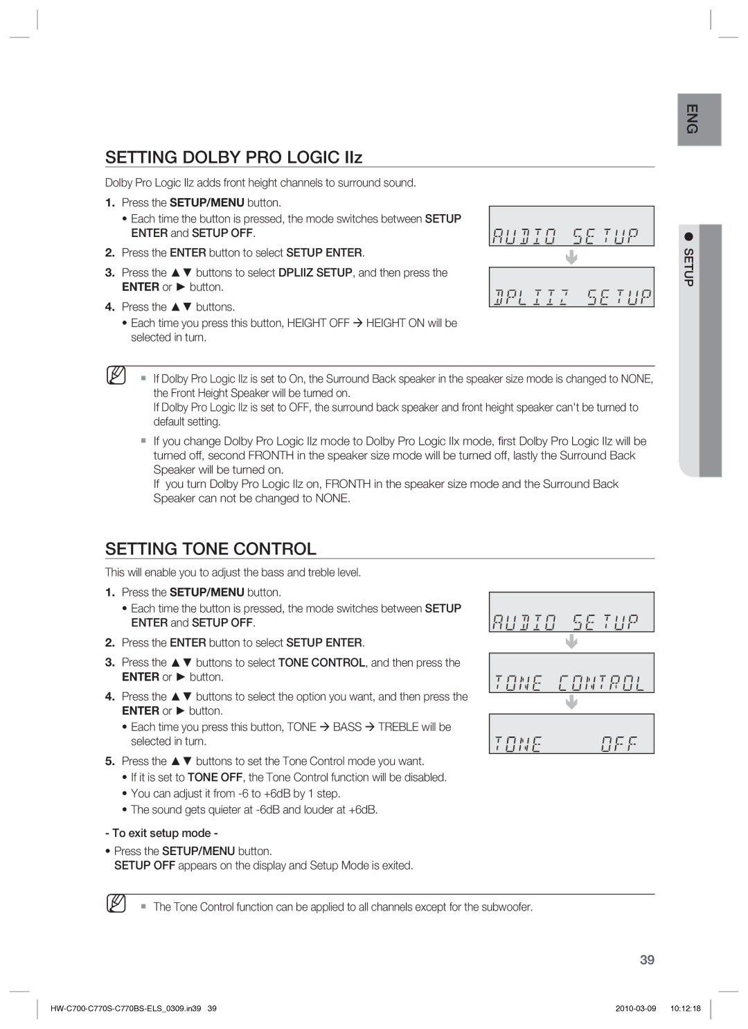 Samsung HW-C779S/XEG manual Setting Dolby PRO Logic IIz, Setting Tone Control 