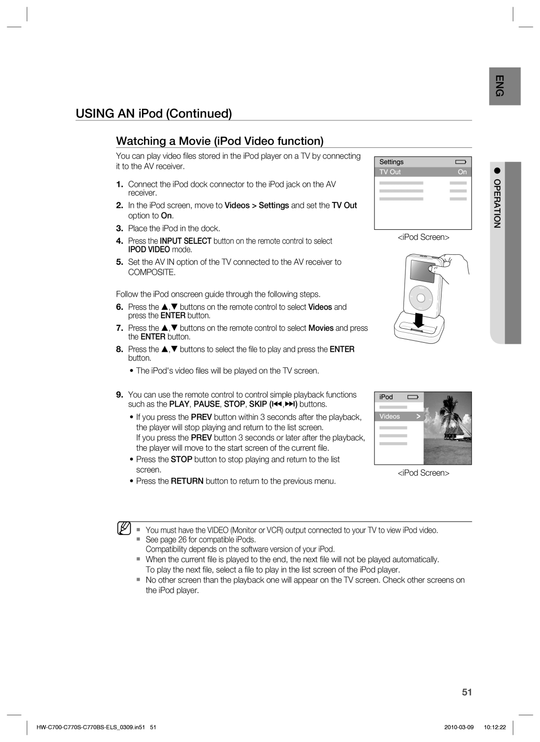 Samsung HW-C779S/XEG manual Watching a Movie iPod Video function, Composite 