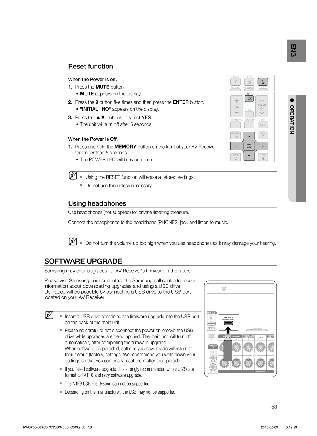 Samsung HW-C779S/XEG manual Software Upgrade, Reset function, Using headphones 