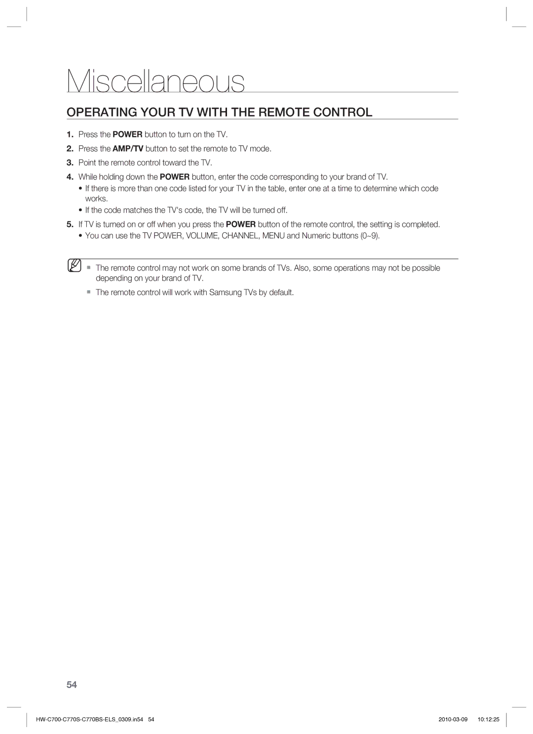 Samsung HW-C779S/XEG manual Miscellaneous, Operating Your TV with the Remote Control 