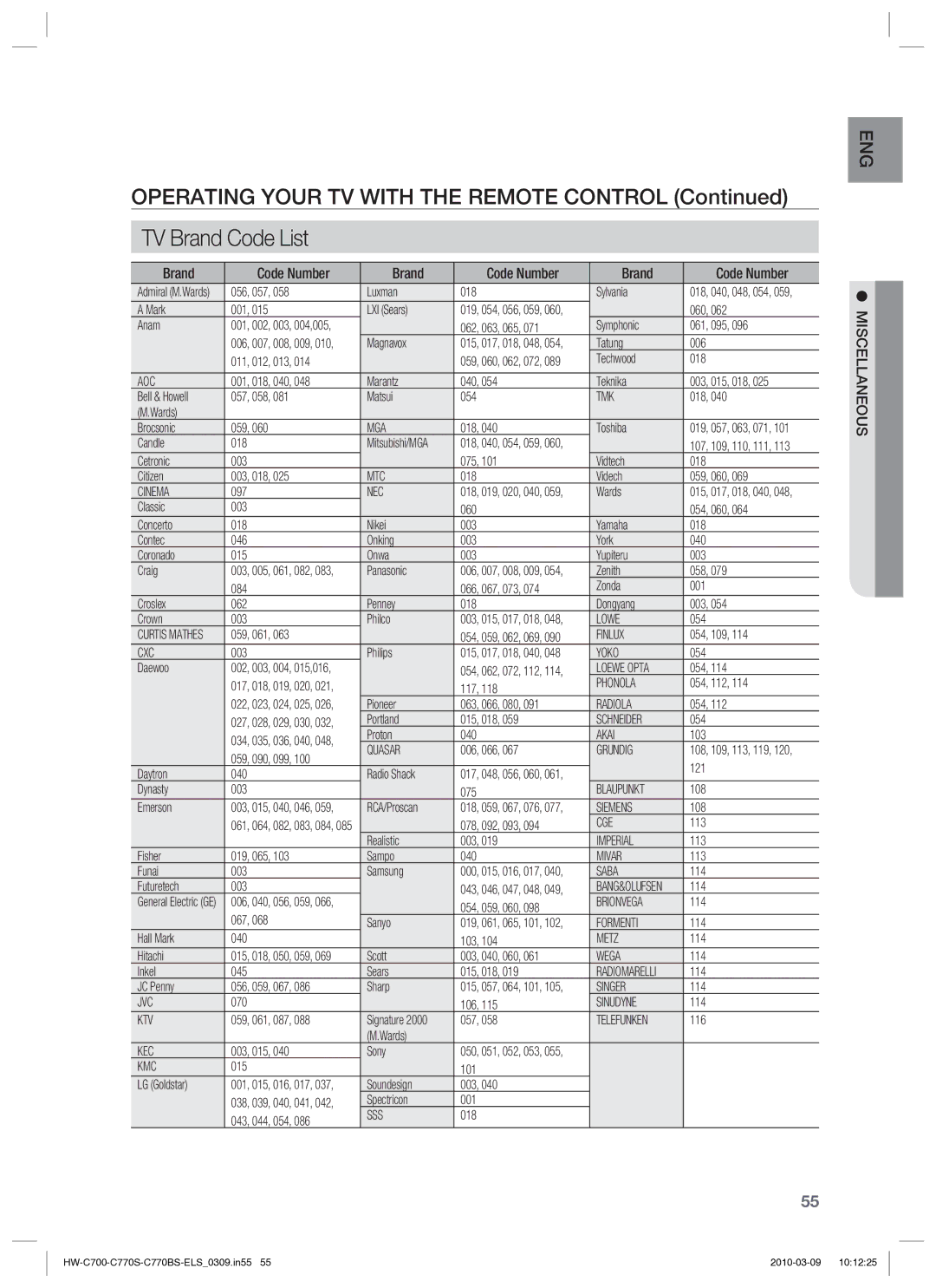 Samsung HW-C779S/XEG manual Operating Your TV with the Remote Control, Miscellaneous 