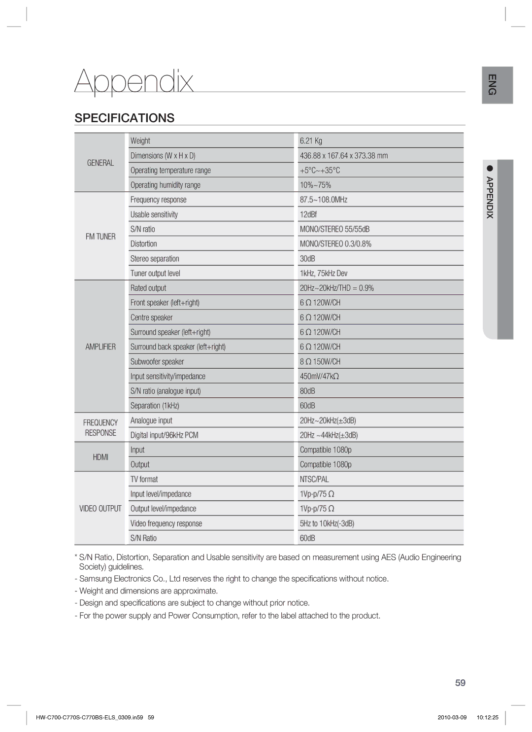 Samsung HW-C779S/XEG manual Appendix, Specifications, Ntsc/Pal 