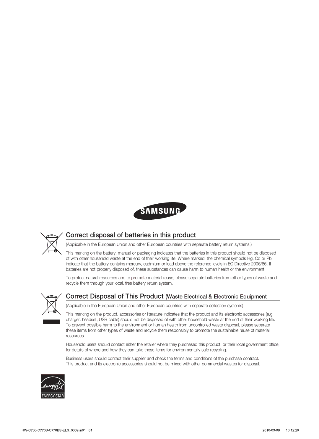 Samsung HW-C779S/XEG manual Correct disposal of batteries in this product 