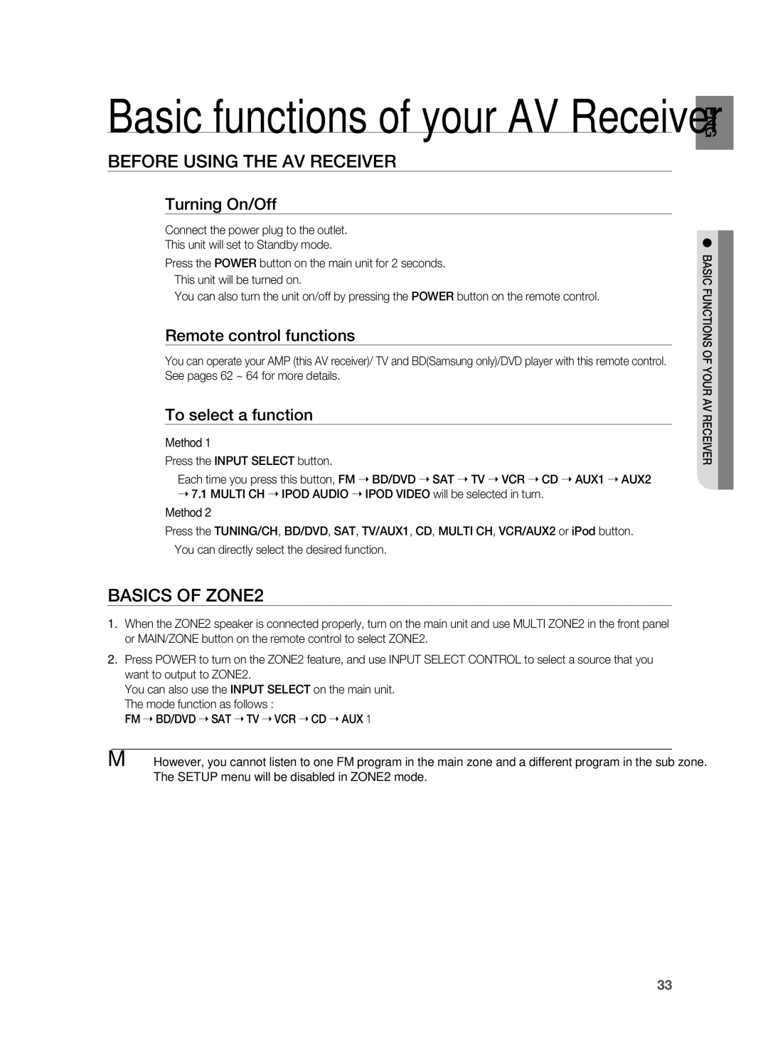 Samsung HW-C900-XAA user manual Before Using the AV Receiver, Basics of ZONE2, Turning On/Off, Remote control functions 