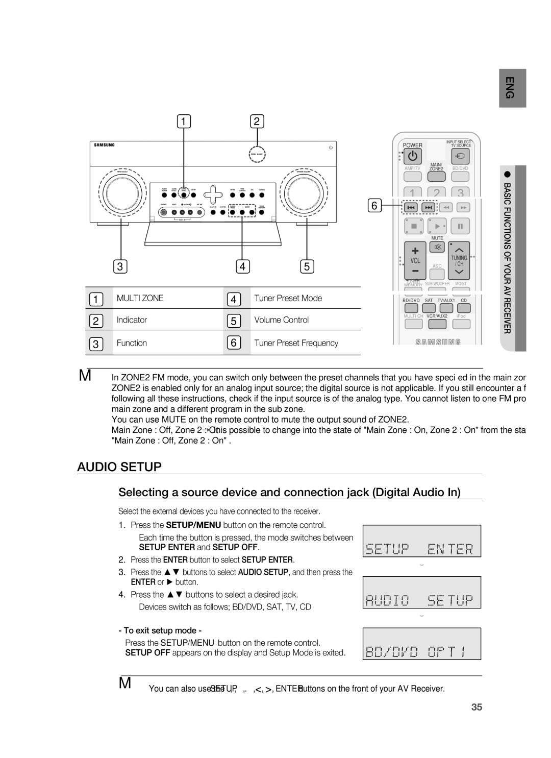 Samsung HW-C900-XAA user manual Audio Setup, Selecting a source device and connection jack Digital Audio, Tuner Preset Mode 