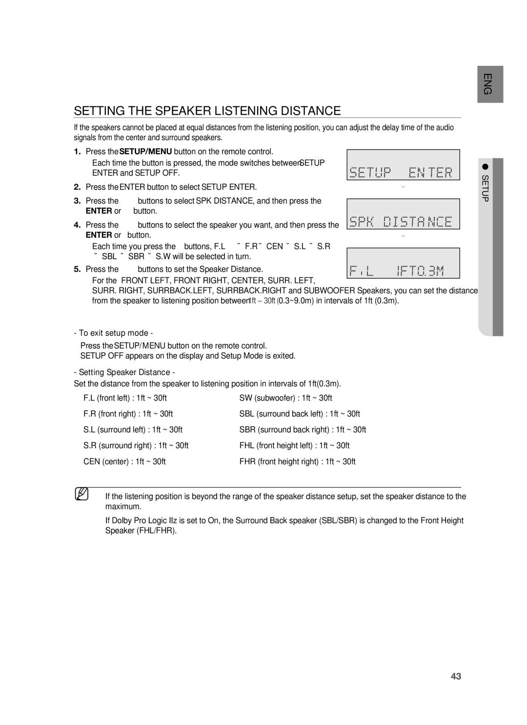 Samsung HW-C900-XAA user manual Setting the Speaker Listening Distance, Surround left 1ft ~ 30ft 