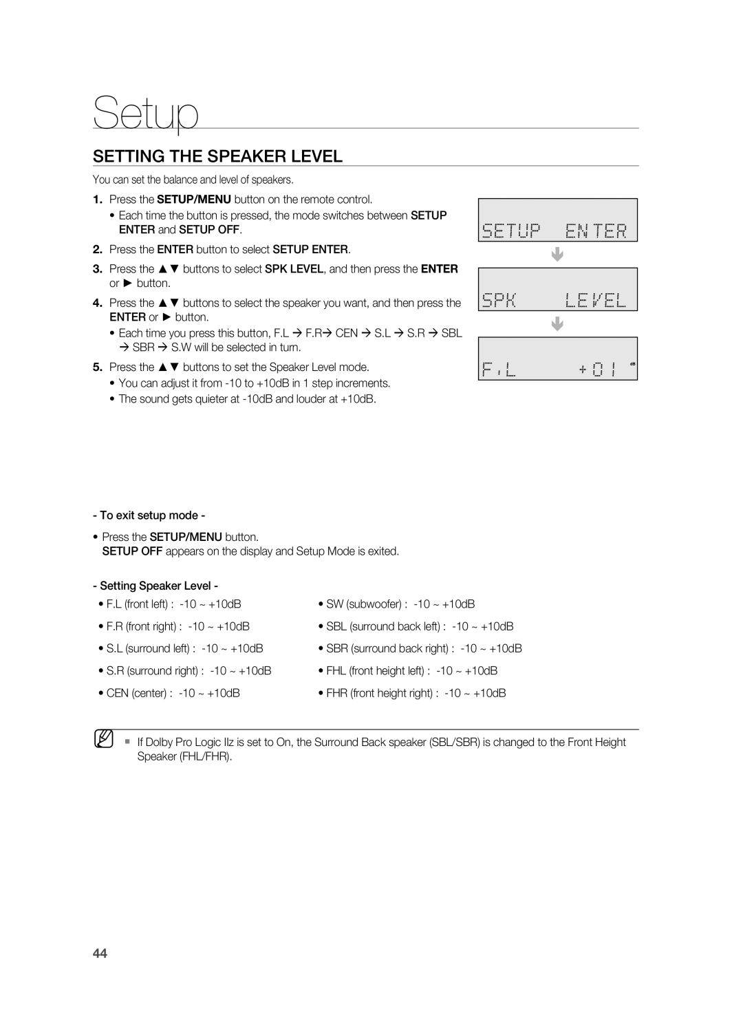 Samsung HW-C900-XAA user manual Setting the Speaker Level, Surround left -10 ~ +10dB 