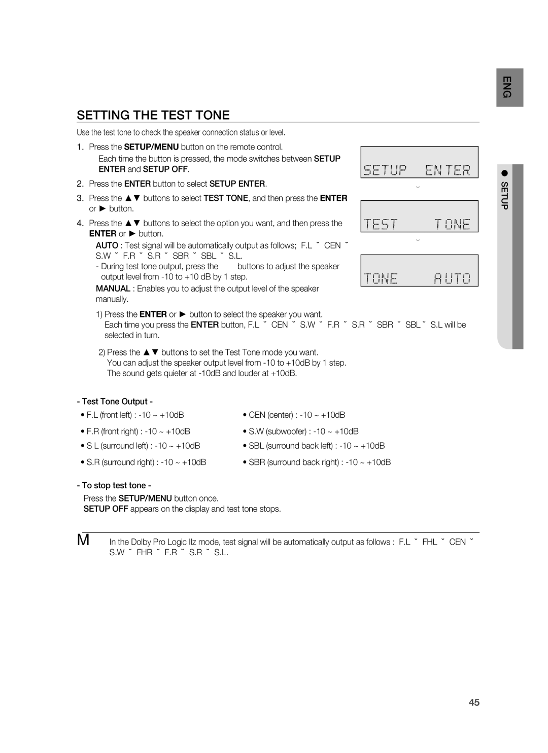 Samsung HW-C900-XAA user manual Setting the Test Tone, F.R S.R Sbr Sbl S.L, Surround right -10 ~ +10dB 