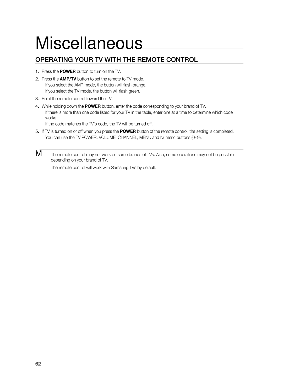 Samsung HW-C900-XAA user manual Miscellaneous, Operating Your TV with the Remote Control 