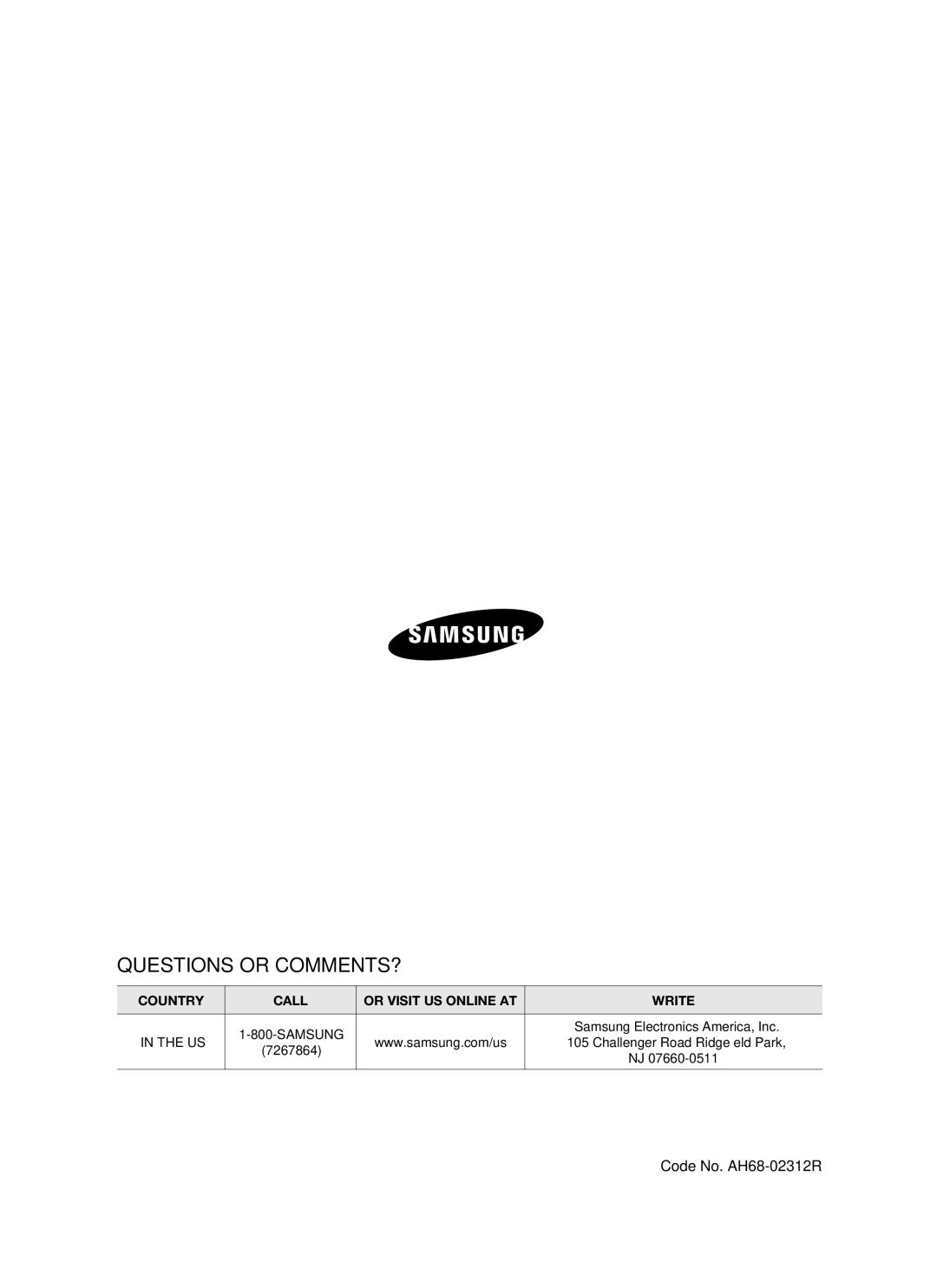 Samsung HW-C900-XAA user manual Questions or COMMENTS?, Code No. AH68-02312R 