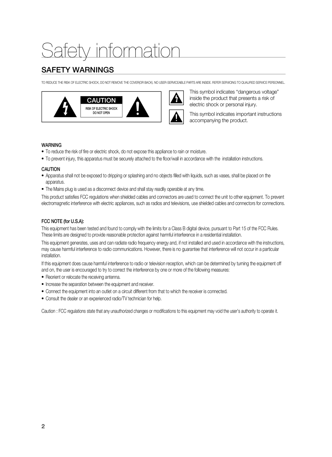 Samsung HW-C900-XAA user manual Safety information, Safety Warnings 